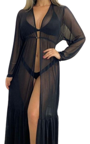 Saida De Praia Tule Vestido Manga Longa Transparente Kimono