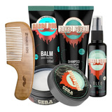 Kit De Barba Com Óleo, Shampoo, Balm, Cera E Pente Madeira