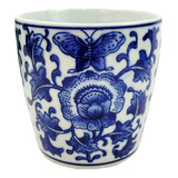 Vaso Azul E Branco 10x9cm Flores E Borboletas Porcelana