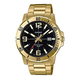 Reloj Casio Mtp-vd01g-1bv Para Caballero Time Square Color De La Correa Dorado Color Del Fondo Negro