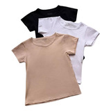 Kit 3pcs Camiseta Blusa Feminina Basica Gola Careca Algodao