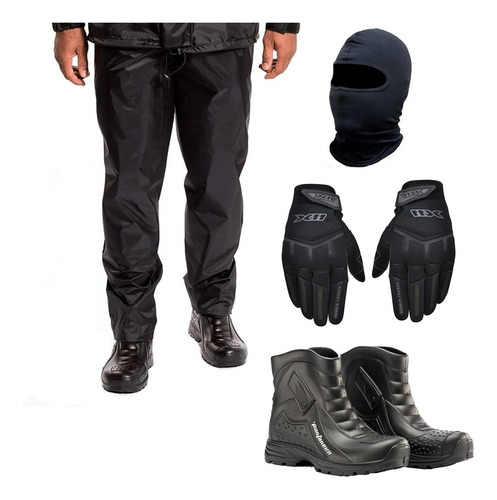 Kit Calça Nylon Moto Bota Masculina Luva X11 Balaclava Frio