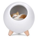 Luminária Abajur De Mesa Gatinho A Bateria Little Pet House Cúpula Branco Estrutura Madeira 5v