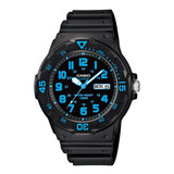 Reloj Pulsera Casio Youth Mrw-200 De Cuerpo Color Negro, Analógico, Para Hombre, Fondo Negro, Con Correa De Resina Color Negro, Agujas Color Blanco Y Celeste, Dial Celeste, Minutero/segundero Celeste,