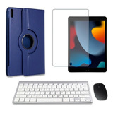 Teclado E Mouse + Película E Capa Giratória Para iPad 9 Cor Azul