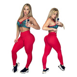 Conjunto Fitness Top Animal Print Legging Vermelha Poliamida