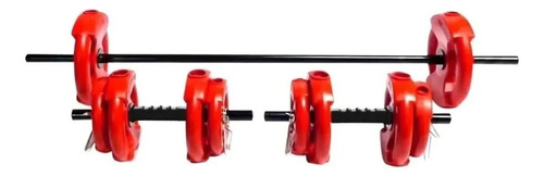 Set Mancuernas + Barra + 24 Kg De Discos Con Manijas Sonnos Color Rojo