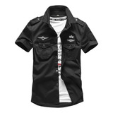 Camisa De Manga Curta Pilot Military Uniform Badge Short