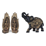 Kit Mão Prece Namastê Buda + Elefante Da Sorte P Em Resina