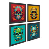 Kit 4 Quadros 33x33 Cm Caveiras, Dia De Los Muertos,c/ Vidro