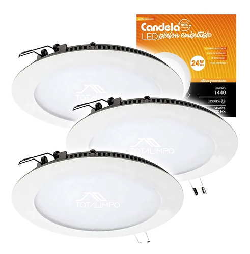 3 Plafones Led Redondos Embutir 24w Luz Cálida Candela 7261