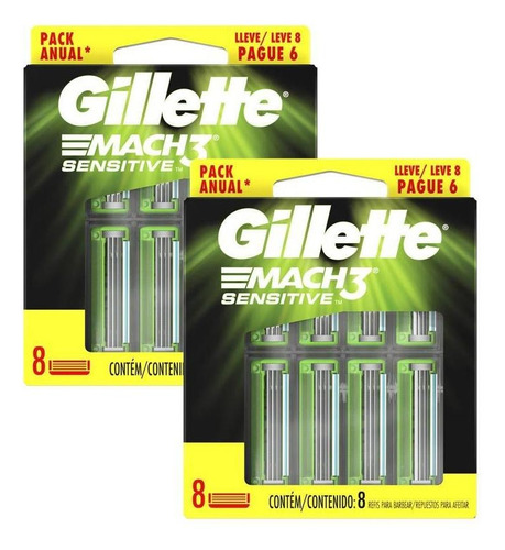 Kit 2 Carga Gillette Mach3 Sensitive 16 Unidades