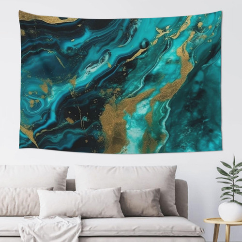 Adanti Turquoise Blue Gold Marble Print Tapestry Decorative.