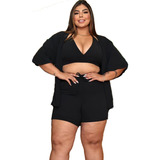 Conjunto 3 Peças Plus Size Feminino Kimono+short+cropped 