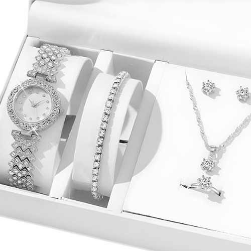 Reloj De Pulsera Con Diamantes  Para Mujer + 5 Piezas  Joyas