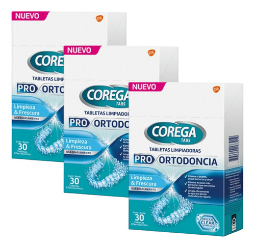 Pack X3 Corega Tabletas Limpiadoras Pro Ortodoncia 30 Ud