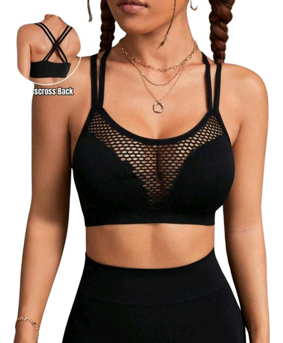 Crop Top Deportivo Con Malla Espalda Descubierta  Negro