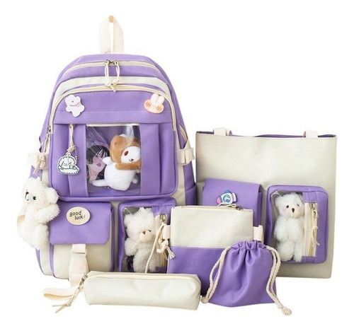 Conjunto Combo Mochila Escolar Kawaii Estilo Coreana 5 Pieza