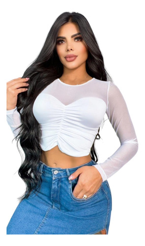 Blusa Malla Recogido Croptop Lycra Mate Blanca Para Dama