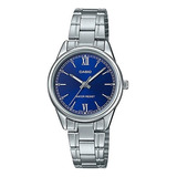 Reloj Casio Mujer Ltp-v005d-2b2 Malla Plateado Bisel Plateado Fondo Azul