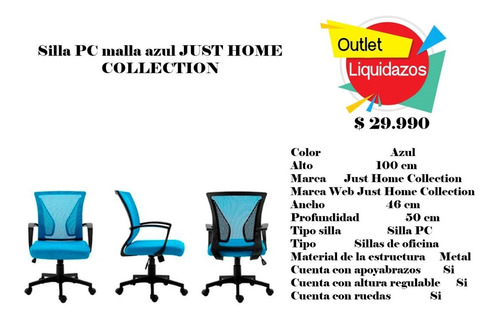 Silla Pc Malla Azul Just Home Collection