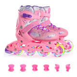 Patines Rosa En Linea Ajustables Con Luz Equipo Seguridad