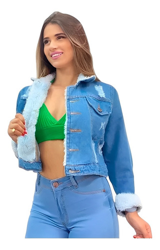 Jaqueta Jeans Feminina Forrada Curta Pelinhos Inverno Moda
