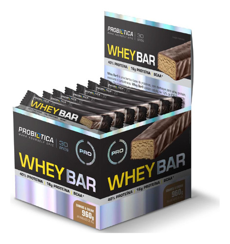 Whey Bar 24 Unidades Probiótica Sabor Cookies & Cream