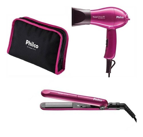 Kit Bolsa Prancha E Secador Philco Travel Shine Rosa Bivolt 