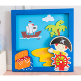 Cuadro Infantil Madera Pirata Con Timon 30x30cm Color Azul Color Del Armazón Azul Marino