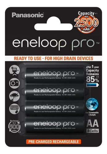 Cartela 4 Pilhas Aa Recarregáveis Eneloop Pro 2500mah