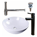 Solana Paquete Lavabo Ovalin Cerámico De 36cm Blanco Con Grifo Negro De Acero Mas Contra Push Con Rebosadero Y Cespol Níquel Pandora