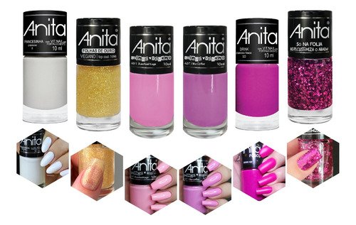 Kit Esmalte Anita Barbie Rosa Pink Glitter Folhas De Ouro