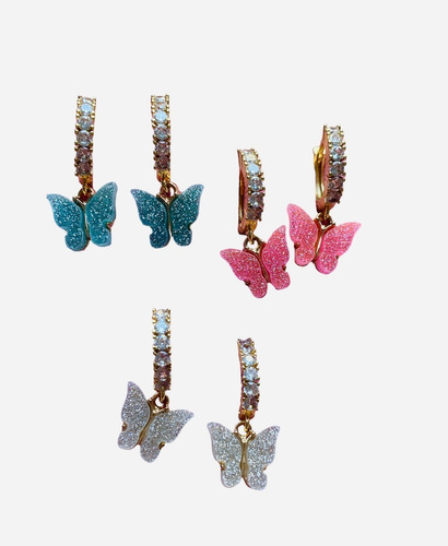 Aros Mariposas Glitter Strass Aesthetic Papillon Corazon