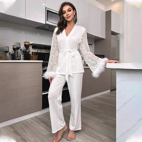 2pcs Pijamas Hielo Seda Elegante Suave Para Dama Conjunto