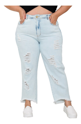 Calça Feminina Jeans Plus Size Mom Cós Alto Tamanho Grande