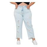 Calça Feminina Jeans Plus Size Mom Cós Alto Tamanho Grande