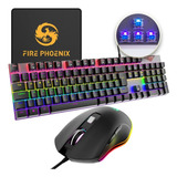 Kit Teclado + Mouse Mecânico Dpi 3200 Abnt2 Gamer Luz Led Rgb Switch Blue Usb Mouse Pad Para Pc Ps4 Luuk Young Be-k2 Preto