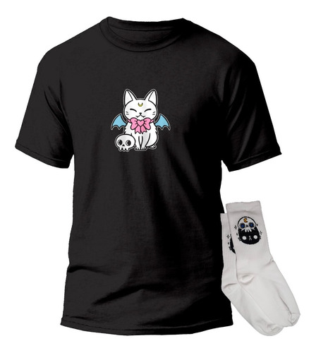 Playera Y Calceta Gatito Kawaii Chibi Gato Gotico Craneo 