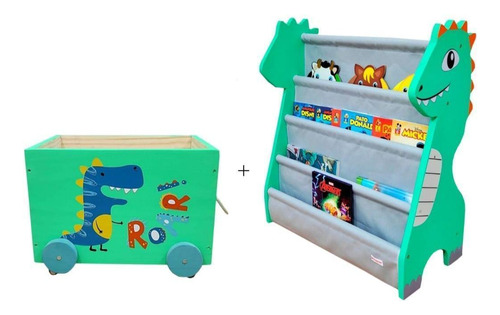 Kit Organizadores, Caixote + Rack Para Livros Infantil Dino