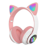 Fone De Ouvido Headphone Gato Gamer Bluetooth Led Colorido Cor Branco Com Rosa