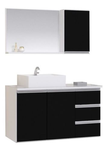 Conjunto Gabinete Banheiro Prisma 80cm Com Tampo Vidro Cor Do Móvel Branco/preto