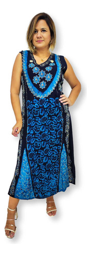 Vestido Longo Indiano Batik Regata Bordado Decote V 1003