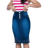 Saia Jeans 4 Botões Com Pérolas Moda Evangélica