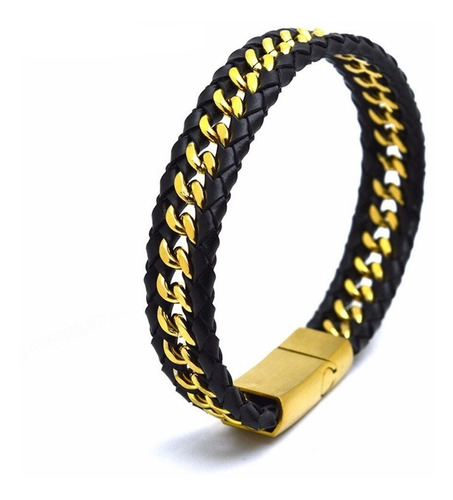 Pulsera Cuero Trenzada Acero Inoxidable Color Oro Hombre