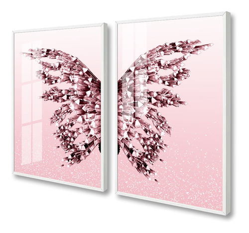 Quadros Decorativos Borboleta Rosa Asas Com Moldura E Vidro