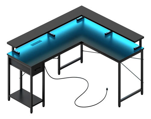 Escritorio Forma De L Tomas De Corriente Y Tiras Led, E...