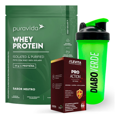 Whey Protein Isolado Puravida Pré Treino Pro Action + Brinde