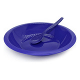 Kit 200 Prato E Colher Escolar Azul Plástico Merenda Lanche