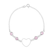 Pulseira Feminina Pedra Zircônia Coração Rosa Prata 925